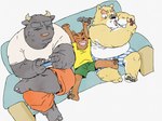 2022 4:3 anthro belly big_belly bottomwear bovid bovine canid canine canis cattle clothing controller domestic_dog eyes_closed furniture game_controller gaming group hi_res kemono male mammal nintendo nintendo_switch overweight overweight_male playing_video_game pommn_mn shirt shorts sitting sofa topwear underwear