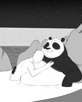 anthro bathing_together belly cuddling duo eyes_closed hot_spring male male/male nude overweight size_difference smile water hypnokoo dreamworks kung_fu_panda master_po_ping bear giant_panda human mammal hi_res monochrome