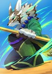 anthro asian_clothing black_sclera brown_body brown_fur clothing ear_piercing fur green_eyes holding_object looking_at_viewer male piercing robe solo striped_body striped_fur stripes suna_sand1 lifewonders tokyo_afterschool_summoners seth_(tas) canid canine canis jackal mammal hi_res