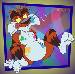 3_toes 4_fingers abstract_background anthro arched_foot arched_soles arm_support arm_tuft backward_arm_support belly bent_legs big_belly big_butt biped black_eyebrows black_nose black_stripes bloated butt butt_from_the_front candy casual_nudity cheek_bulge cheek_tuft chest_tuft chin_tuft clutching_stomach cross-eyed curling_toes curvy_figure dessert digestion eyebrows facial_tuft feet fingers fluffy fluffy_chest food foot_focus fur gloves_(marking) half-closed_eyes hand_on_belly hand_on_own_belly head_tuft holding_belly holding_own_belly humanoid_feet humanoid_heel knees_up leg_markings lying male markings messy messy_eater messy_eating multicolored_body multicolored_fur narrowed_eyes nude on_back orange_body orange_fur overweight overweight_anthro overweight_male pecs plantigrade pose scut_tail short_tail shoulder_tuft small_tail socks_(marking) soles solo stain stained stained_fur striped_body striped_fur striped_markings striped_tail stripes tail tail_markings thick_eyebrows tired tired_eyes toes toony tuft two_tone_body two_tone_fur weight_gain whiskers white_belly white_body white_feet white_fur white_hands wide_hips yellow_sclera gavanzude adventures_from_the_book_of_virtues pbs socrates_the_bobcat bobcat felid feline lynx mammal 2025 alternate_version_at_paywall colored digital_drawing_(artwork) digital_media_(artwork) flat_colors hi_res pinup signature
