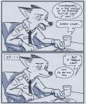 2016 4_fingers anthro canid canine chair clothed clothing comic desk dialogue disney english_text fingers fox fur furniture half-closed_eyes male mammal monochrome narrowed_eyes nick_wilde open_mouth police police_uniform red_fox rockbottomfeeder simple_background sitting solo speech_bubble table teeth text true_fox uniform zootopia
