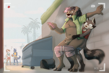 anal anthro bottomwear bottomwear_around_legs clothed clothing clothing_around_legs duo eyewear female glasses hair male male/male partially_clothed pink_hair public public_sex recording sex shorts shorts_around_legs size_difference swimming_trunks swimwear wearing_glasses bluecoffeedog amber_(bluecoffeedog) baxter_(draite) liberty_(bluecoffeedog) quinten_(draite) canid canine canis domestic_cat domestic_dog felid feline felis mammal procyonid raccoon suid suine sus_(pig) wild_boar 3:2