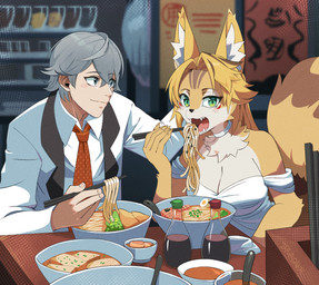 anthro blonde_hair breasts chopsticks clothing dress duo eating eyebrows eyelashes female food fur green_eyes grey_hair hair inner_ear_fluff male necktie noodles open_mouth ramen shirt soy_sauce teeth topwear tuft white_body white_fur yellow_body yellow_fur drawligator mihoyo zenless_zone_zero pulchra_fellini wise_(zenless_zone_zero) felid feline felis human mammal thiren 2025 hi_res