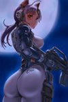 armor breasts butt cybernetics equipment female gun hair looking_back machine moon ponytail purple_hair ranged_weapon rifle solo standing visor weapon rasukaru cyborg humanoid hi_res