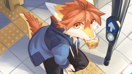 anthro black_bottomwear black_clothing black_pants blue_clothing blue_jacket blue_topwear bottomwear cheek_tuft clothed clothing dipstick_ears ear_markings ears_back facial_tuft food food_in_mouth fur glistening glistening_eyes hair inner_ear_fluff jacket looking_at_viewer male messy_hair multicolored_ears multicolored_eyes orange_eyes orange_hair outside pants pivoted_ears short_hair solo standing topwear tuft two_tone_eyes white_body white_ears white_fur white_inner_ear_fluff yellow_body yellow_ears yellow_eyes yellow_fur young young_anthro young_male kuttoyaki mythology dragon furred_dragon furred_scalie mythological_creature mythological_scalie scalie 16:9 hi_res widescreen