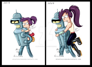 black_border boots border bottomwear clothing deviantart_logo duo female footwear hair happy machine male purple_hair red_bottomwear red_clothing red_skirt shoes skirt smile text missfuturama comedy_central deviantart futurama bender_bending_rodríguez fan_character human humanoid mammal robot robot_humanoid artist_name signature url