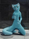 anthro blep feeling_chest feeling_up feeling_up_self female kneeling navel notched_ear nude outside public public_nudity solo spread_legs spreading tongue tongue_out bananastheleech kraft_trio felid mammal 3:4 3d_(artwork) digital_media_(artwork) hi_res