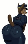 anthro belt big_butt brown_eyes bubble_butt butt clothing denim denim_clothing glistening glistening_butt hat headgear headwear male police police_uniform smile smirk tight_clothing tight_fit uniform wide_hips binkykun paw_patrol chase_(paw_patrol) canid canine canis domestic_dog german_shepherd herding_dog mammal pastoral_dog hi_res