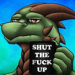 ambiguous_gender anthro beverage bloodshot_eyes coffee coffee_mug green_body green_scales profanity scales solo text reezythegarchomp too_early_for_this kobold scalie 1:1 english_text low_res meme reaction_image