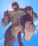 4_toes abs anthro arm_tuft balls big_pecs claws cloud elbow_tuft eyebrows facial_hair facial_piercing feet foot_focus fur genitals glowing glowing_eyes grin hair humanoid_feet leash looking_at_viewer low-angle_view male multicolored_body muscular muscular_anthro muscular_male nipples nose_piercing nude pawpads paws pecs penis piercing pink_nose pink_pawpads plantigrade purple_body purple_fur purple_stripes sky smile soles solo stripes thick_eyebrows toe_claws toes tuft vein white_body white_fur white_hair worm's-eye_view uriex sadiend felid mammal pantherine tiger 2022 hi_res