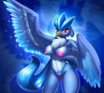 2014 anthro articuno avian beak big_breasts bird blush breasts chest_tuft elpatrixf feathered_wings feathers female fur generation_1_pokemon genitals hi_res legendary_pokemon looking_at_viewer nintendo nipples non-mammal_breasts nude pokemon pokemon_(species) pokemorph pussy red_eyes solo sparkles tuft wings