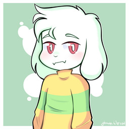 anthro clothing fur green_clothing green_sweater green_topwear male pattern_clothing pattern_sweater pattern_topwear red_eyes solo striped_clothing striped_sweater striped_topwear stripes sweater topwear white_body white_fur yhonaswatson undertale undertale_(series) asriel_dreemurr bovid caprine goat mammal 1:1 hi_res