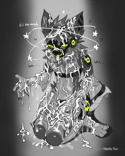 5_fingers anthro blush blush_lines bodily_fluids bukkake cum cum_covered cum_on_arm cum_on_body cum_on_chest cum_on_face cum_on_ground cum_on_head cum_on_leg dialogue fingers genital_fluids green_eyes green_tongue humanoid_hands kneeling machine male messy open_mouth protogen_armor protogen_visor solo tail text tongue tongue_out shelly_tar rivet_(draycho) protogen 2026 digital_drawing_(artwork) digital_media_(artwork) english_description english_text hi_res nonbinary_(lore)