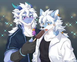 2_horns 5_fingers anthro bangs black_clothing black_nose black_shirt black_topwear blue_body blush cheek_tuft claws clothed clothing collarbone dessert duo ear_piercing eyebrows facial_tuft feeding feeding_another fingers food hair hair_between_eyes handwear holding_food holding_ice_cream holding_object horn ice_cream jacket kemono long_hair male open_clothing open_jacket open_mouth open_topwear piercing purple_eyes shirt snout sparkles teeth thick_eyebrows topwear tuft white_body white_eyebrows white_hair yellow_eyes joeyzliaotang mythology canid canine canis dragon mammal mythological_creature mythological_scalie scalie wingless_dragon wolf absurd_res colored digital_drawing_(artwork) digital_media_(artwork) hi_res shaded