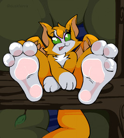 3_toes ambiguous_gender anthro chest_tuft countershade_face countershade_feet countershading eyelashes feet foot_focus fur gloves_(marking) green_eyes head_tuft leg_markings markings nature orange_body orange_fur pawpads plant sitting sitting_on_tree socks_(marking) soles solo tail text toes tongue tongue_out tree tuft white_body white_fur duskfenra dust:_an_elysian_tail fidget_(elysian_tail) bat mammal nimbat 2026 artist_name cel_shading colored digital_media_(artwork) hi_res shaded