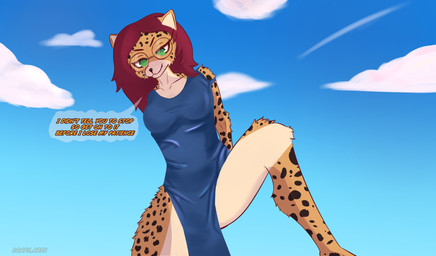 anthro blue_clothing blue_dress clothed clothed_anthro clothed_female clothing cloud dress dress_only eyelashes eyewear female flirting fur glasses green_eyes hair looking_at_viewer looking_down multicolored_body multicolored_fur red_hair reflection round_glasses simple_background sky smile solo speech_bubble standing standing_over text two_tone_body two_tone_fur wearing_glasses loafy_arts colored digital_media_(artwork) english_text hi_res shaded