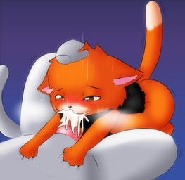 age_difference ambiguous_gender animal_genitalia animal_penis black_scarf blush bodily_fluids canine_genitalia canine_penis claws cum cum_in_mouth cum_inside dipstick_tail duo ears_down erection excessive_cum excessive_genital_fluids fellatio fur genital_fluids genitals grey_body grey_fur hand_on_head heart_eyes heart_symbol knot lying male male/ambiguous markings mostly_nude motion_lines on_back oral orange_body orange_fur paws penile penis pivoted_ears purple_background pushing_down pushing_head scarf scarf_only sex simple_background size_difference sweat tail tail_markings white_tail_tip yellow_eyes young bunhideout tiberius_magnus tinky_(character) domestic_cat felid feline felis mammal 2026 hi_res