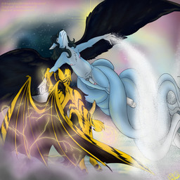 anthro arms_outstretched casual_erection casual_exposure casual_nudity circumcised cloud duo electricity erection flaccid flying genitals holding_arm knot knotted_penis lightning looking_at_another male multi_tail night penis snow tail wings fledgedragonfox mythology fledge_(fledgedragonfox) johny_thunder_(johny_thunder) canid canine canis demon dragon fox hybrid mammal mythological_creature mythological_scalie scalie wolf 1:1