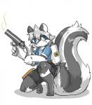 :3 bio_weapon biochemical_warfare biohazard_symbol biohazard_symbol_print blue_eyes blush clothing footwear fur grey_body grey_fur grey_hair gun hair hazard_symbol hazard_symbol_print holster knee_highs knee_socks launcher legwear print_container ranged_weapon socks stripes symbol tank_(container) weapon white_body white_fur sakamata mammal mephitid skunk hi_res