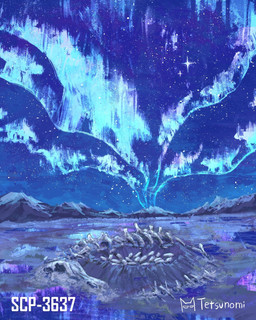 ambiguous_gender apparition aurora_(phenomenon) blue_light blue_sky bone egg feral fossil group herd logo mountain nest night outside partially_buried puddle quadruped reflection rib_cage scenery skeleton skull sky star starry_sky tail text vertebrae tetsunomi scp_foundation scptober scp-3637-1 dinosaur hadrosaurid inanimate_object maiasaura ornithischian ornithopod prehistoric_species reptile scalie spirit 2025 4:5 artist_logo artist_name cool_colors digital_media_(artwork) digital_painting_(artwork) english_description hi_res painting_(artwork)