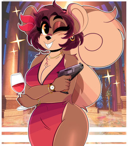 alcohol anthro arm_tuft bad_trigger_discipline beverage bracelet breasts brown_body brown_fur buckteeth chest_tuft cleavage clock clothed clothing container cup dress drinking_glass ear_piercing elbow_tuft eyebrows eyelashes female fluffy fluffy_tail fur glass glass_container glass_cup gun hair handgun jewelry looking_at_viewer necklace one_eye_closed piercing pistol purple_hair ranged_weapon short_hair shoulder_tuft smile smiling_at_viewer solo tail tan_body tan_fur teeth tuft watch weapon wine wine_glass wink winking_at_viewer wristwatch wireless_shiba carl_walther_gmbh walther_ppk shelly_bélier grey_squirrel mammal rodent sciurid tree_squirrel 2021 absurd_res hi_res