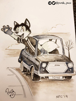 anthro clothed clothing driving_car fangs glistening glistening_eyes glistening_nose logo male open_mouth open_smile smile solo teeth tongue young young_anthro young_male pandapaco canid canine mammal 2019 3:4 artist_logo dated hi_res monochrome signature
