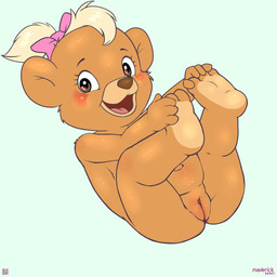 anthro biped black_nose blonde_hair brown_body brown_fur eyebrows female fur genitals hair humanoid_genitalia humanoid_vulva legs_up lying navel neonate nude on_back open_mouth open_smile pink_hair_bow qr_code short_hair simple_background smile solo tongue vulva young young_anthro young_female maverick disney talespin bear mammal 1:1 2026 hi_res