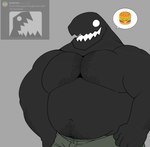 anthro arm_hair belly belly_hair black_body body_hair bottomwear burger chest_hair clothed clothing emoji food male musclegut muscular muscular_anthro navel overweight overweight_anthro pants shirtless_anthro simple_background solo speech_bubble white_eyes zavrise geometry_dash monster monster_(geometry_dash) 2024 hi_res