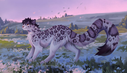 ambiguous_gender feral flower fur hair outside plant side_view sky smile solo spots standing tail dannoitanart ketty_(character) domestic_cat felid feline felis mammal 2026 digital_drawing_(artwork) digital_media_(artwork) hi_res female_(lore)