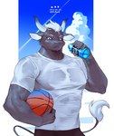 anthro ball black_body black_fur bodily_fluids bottle clothing container fur hair holding_ball holding_basketball holding_bottle holding_container holding_object horn looking_at_viewer male muscular muscular_anthro muscular_male shirt sky solo sweat t-shirt tail topwear white_hair sd_planb bovid bovine cattle mammal