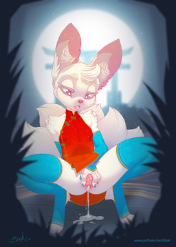 5_tails after_sex anthro arm_support armwear asian_clothing biped blue_claws blue_clothing blue_gloves blue_handwear blue_legwear blue_stockings bodily_fluids chest_tuft chinese_clothing chinese_dress claws clothed clothing crouching cum cum_from_vagina cum_in_vagina cum_inside digitigrade dress east_asian_clothing elbow_gloves eyebrows female flat_chested front_view genital_fluids genitals gloves handwear head_tuft inner_ear_fluff leaking_cum legwear looking_down moon multi_tail night nipple_outline no_underwear open_mouth outside partially_clothed pink_nose presenting presenting_cum_inside presenting_vulva solo spread_vulva spreading stockings tail thigh_highs toe_claws torii tuft vulva white_body young young_anthro young_female bonk canid canine fox mammal 2021 absurd_res hi_res