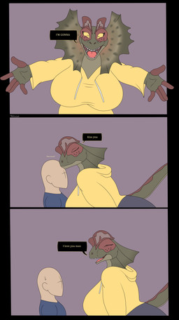 anthro big_breasts breasts clothed clothing curvy_figure dialogue duo eyes_closed faceless_character faceless_male gynomorph hoodie intersex kiss_on_forehead kissing male simple_background spread_arms text thick_thighs topwear wide_hips yellow_eyes photolol.03 riamay_(photolol.03) dilophosaurid dilophosaurus dinosaur human mammal prehistoric_species reptile saurischian scalie theropod absurd_res comic flat_colors hi_res