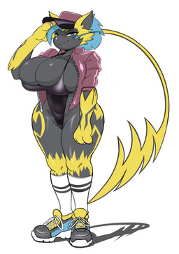 anthro big_breasts black_clothing black_swimwear blonde_hair blue_eyes blue_hair breasts clothed clothing female footwear fur gesture grey_body grey_fur hair hat headgear headwear huge_breasts jacket looking_at_viewer one-piece_swimsuit red_clothing red_jacket red_topwear salute shoes simple_background skimpy smile sneakers socks solo standing swimwear topwear wide_hips yellow_body yellow_fur seiiartworks nintendo pokemon generation_7_pokemon legendary_pokemon pokemon_(species) zeraora digital_media_(artwork) hi_res