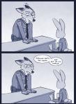 2016 3_toes anthro barefoot biped canid canine clothed clothing comic dialogue disney duo english_text fan_character feet female fox grey_background hi_res july_hopps_(mistermead) lagomorph leporid long_ears male mammal nick_wilde open_mouth police police_uniform rabbit red_fox rockbottomfeeder simple_background text toes torn_clothing true_fox uniform zootopia