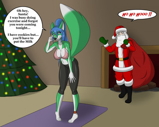 anklet anthro blue_hair bottomwear breasts brown_eyes chimney christmas_tree clothing dialogue duo exercise female gesture hair holidays inside jewelry male male/female navel pants plant suggestive suggestive_dialogue suggestive_gesture suggestive_pose text tight_clothing tree yoga_mat yoga_pants aventis_vixxx christmas aventis santa_claus canid canine fox human mammal english_text