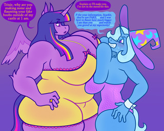 anthro big_breasts blush bodily_fluids breasts cleavage clothed clothing corset duo female female/female hat headgear headwear horn lingerie obese overweight simple_background sweat text topwear wings wizard_hat dapper_lil_arts friendship_is_magic hasbro my_little_pony mythology trixie_(mlp) twilight_sparkle_(mlp) equid equine mammal mythological_creature mythological_equine winged_unicorn 5:4 english_text