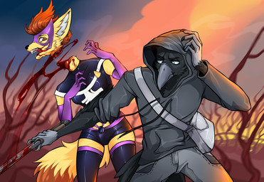 anthro assassin blade blood bodily_fluids clothing death decapitation duo feathers female female_death gore headless hoodie katana killing male male/female mask melee_weapon sunset sword topwear weapon kolkolukija avian bird canid canine corvid corvus_(genus) crow fennec_fox fox mammal oscine passerine raven true_fox absurd_res hi_res