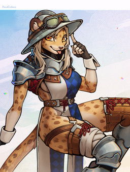 anthro armor belt blonde_hair breasts clothing eyebrows eyelashes eyewear female fingerless_gloves fur gloves goggles hair handwear headgear helmet markings shoulder_guards side_boob solo spots spotted_body spotted_fur tan_body tan_fur yellow_eyes cerbera felid mammal pantherine 2026 absurd_res hi_res