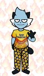 2024 anthro black_ears black_tail blue_body clothing dew_(lewdewott) dewott digital_drawing_(artwork) digital_media_(artwork) emoji_clothing generation_5_pokemon hand_outstretched lewdewott looking_at_viewer male narrowed_eyes nintendo pajamas pink_nose pokemon pokemon_(species) ramen_noodles smile solo standing tail