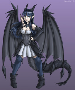 5_fingers black_hair blue_eyes bottomwear breasts clothed clothing female fingers hair hand_on_hip horn purple_background simple_background skirt solo tail wings angrycontra mythology solo_farming_in_the_tower aileen_fritani animal_humanoid dragon dragon_humanoid humanoid hybrid mythological_creature mythological_scalie scalie 2026 5:6 absurd_res hi_res