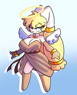 anthro armwear big_breasts blonde_hair blue_eyes breasts clothing elbow_gloves female fur gloves gold_(metal) gold_dress gold_jewelry hair halo handwear jewelry long_ears necklace smile smiling_at_viewer smirk smirking_at_viewer solo thick_thighs white_body white_fur wings vic88 nintendo pokemon lari_(nickzilla) angel generation_4_pokemon lagomorph lopunny mammal pokemon_(species) hi_res