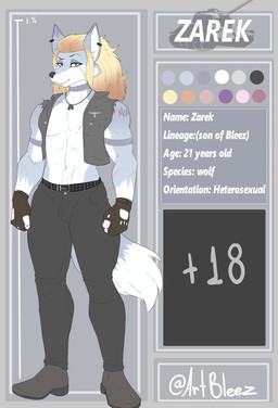 anthro arm_tattoo blonde_hair clothed clothing hair male nazi nazi_insignia pouty_lip scared solo tattoo bleez_art zarek_(bleez_art) canid canine canis mammal wolf hi_res