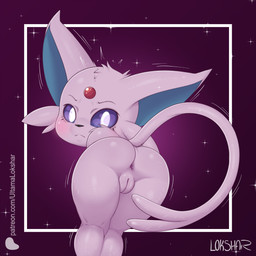 anthro anus bent_over_with_legs_held_straight big_ears biped black_nose butt cheek_tuft eyebrows facial_tuft female forehead_gem fur gem genitals humanoid_genitalia humanoid_vulva looking_at_viewer looking_back looking_back_at_viewer mouth_closed nude pink_body pink_fur presenting presenting_hindquarters purple_sclera rear_view simple_background solo tuft vulva white_eyes young young_anthro young_female ultama_lokshar nintendo pokemon eeveelution espeon generation_2_pokemon pokemon_(species) 1:1 2026 hi_res