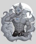 5:6 abs absurd_res anthro biceps blue_eyes bottomwear canid canine clothing collar fox fur fur_markings hair heterochromia hi_res looking_at_viewer male mammal markings multi_tail muscular muscular_anthro muscular_male pants pecs purple_eyes shirtless_male simple_background smile solo standing tail ty_arashi white_body white_fur