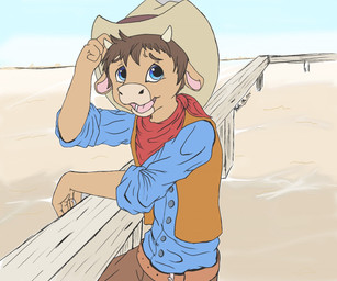 anthro clothing fence hair hat headgear headwear horn looking_at_viewer male open_mouth open_smile outside smile solo standing young thetapup wild_west_c.o.w.-boys_of_moo_mesa cody_calf bovid bovine cattle mammal
