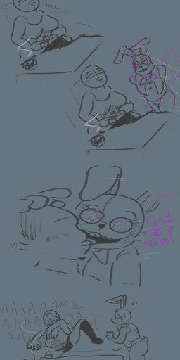 anthro drugs duo female gaming male male/female marijuana y/n damion_the_skeleton five_nights_at_freddy's five_nights_at_freddy's:_help_wanted scottgames anon glitchtrap human lagomorph leporid mammal rabbit hi_res