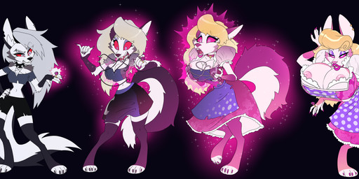 anthro apron areola bimbofication blonde_hair breast_expansion breasts cleavage clothed clothing collar dress expansion female four_frame_sequence fur growth hair hair_color_change lipstick magic makeup mind_control nipples painted_claws pink_body pink_fur pink_sclera ring_(jewelry) simple_background solo stepfordization transformation transformation_sequence transformed_clothing atcpony hellaverse helluva_boss mythology loona_(helluva_boss) canid canid_demon canine demon hellhound mammal mythological_canine mythological_creature hi_res