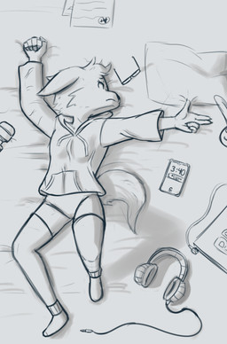 anthro bed clothing computer electronics female footwear furniture headphones hoodie laptop legwear lying paper phone pillow sad sex_toy socks solo topwear vibrator wire hitsuji kayla_(hitsuji) canid canine fox mammal hi_res