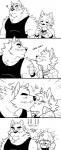 abs anthro biceps big_muscles blush clothed clothing eating embarrassed food fur kissing larger_male male male/male muscular muscular_male question_mark shirt size_difference smaller_male surprise tank_top text topwear takemoto_arashi pocky otake takemoto canid canine canis domestic_dog mammal 2015 black_and_white comic english_text hi_res monochrome signature