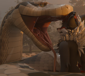 anthro forked_tongue mouth_shot open_mouth outside size_difference smaller_anthro tongue unwilling_prey vore dyrmun canid canine freakhound mammal reptile scalie snake 3d_(artwork) absurd_res digital_media_(artwork) hi_res